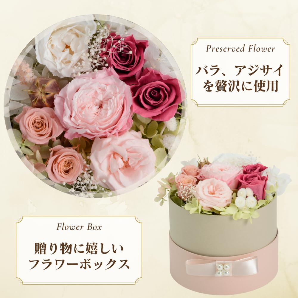 Azurosa Preserved Flower Arrangement, Popular Birthday Gift, Round Box, Pink Roses, Hydrangeas, and Baby's Breath