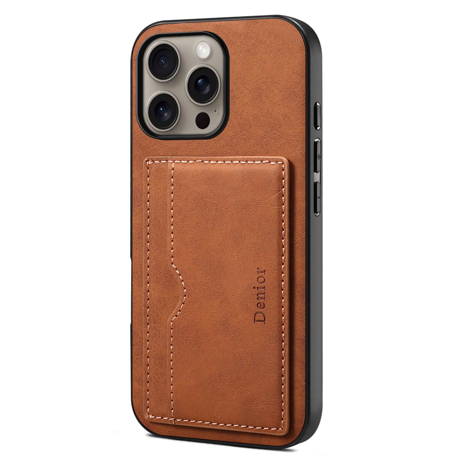 DENIOR For iPhone 16 Pro Max Case Card Holder Kickstand Retro Leather+PC+TPU Phone Cover B