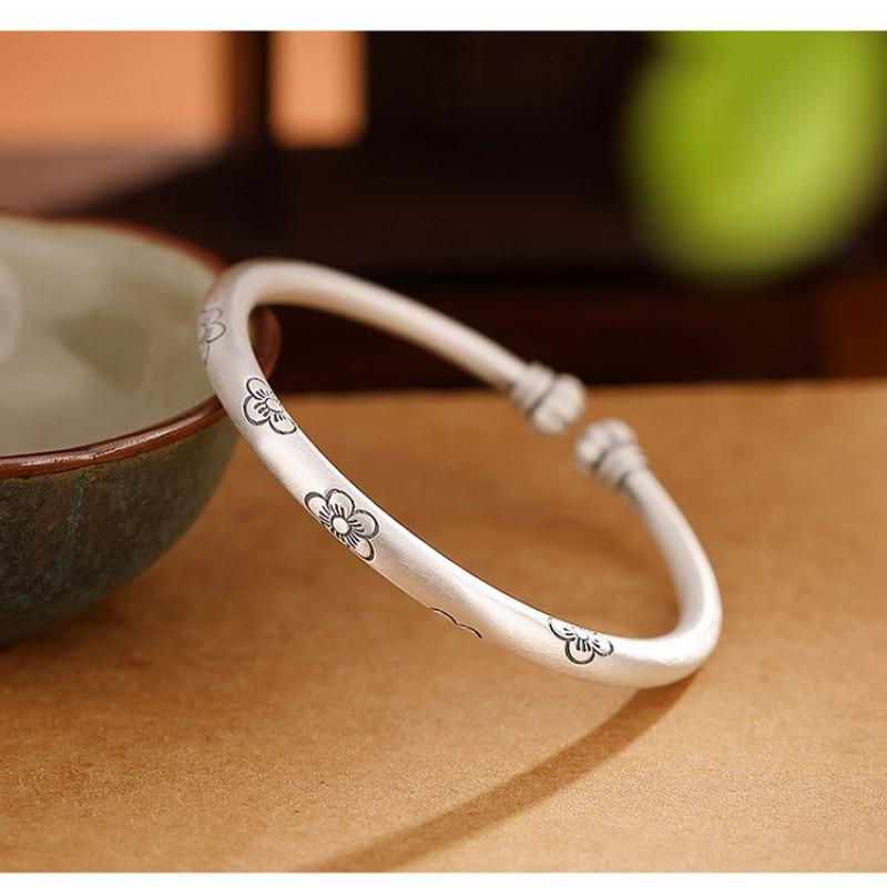 Vintage Floral Open Cuff Bracelet With Plum Blossom Motif Silver-Plated Copper Handcrafted Chinese Style