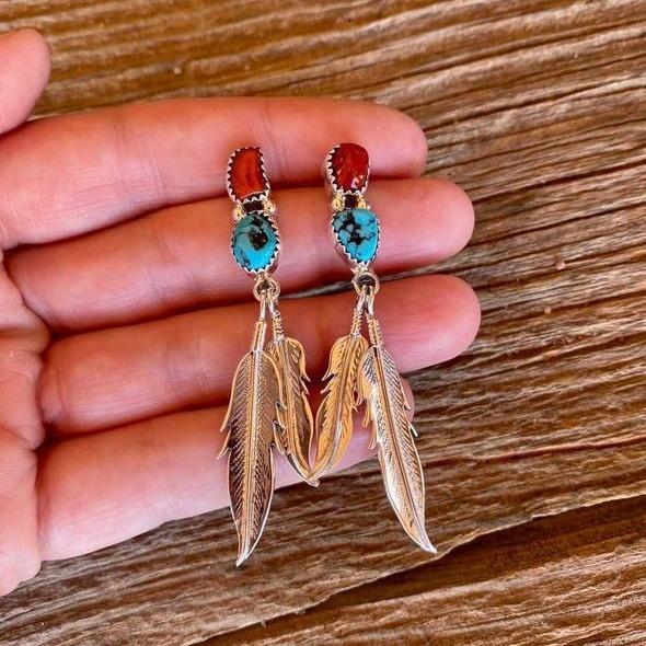 Bohemian turquoise earrings, retro ethnic style leaf feathers metal handmade earrings women серебряный