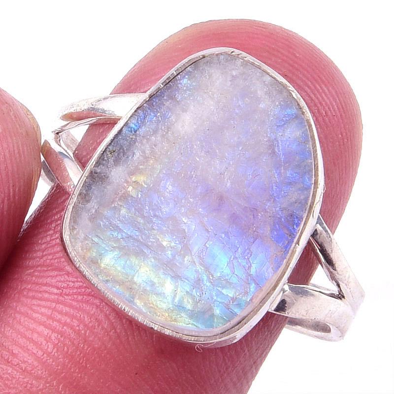 

Natural Rainbow Moon Stone Gemstone Handmade 925 Sterling Silver Ring S.10 g6L45