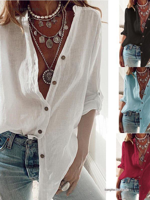 2026 Autumn European & American Solid V-Neck Loose Cotton Long Sleeve Women's Top