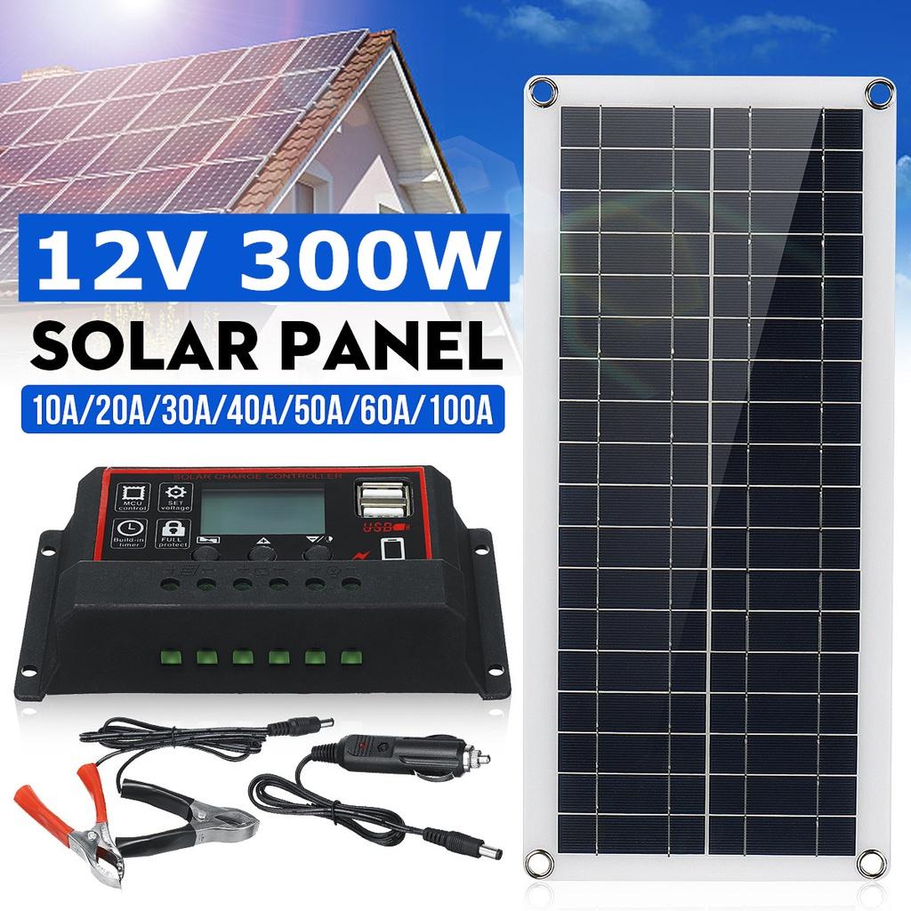 Kit de painel solar portátil de 300 W, 12 V, carregamento USB, controlador de placa de célula solar, células solares à prova d'água para telefone, RV, carro, MP3 PAD