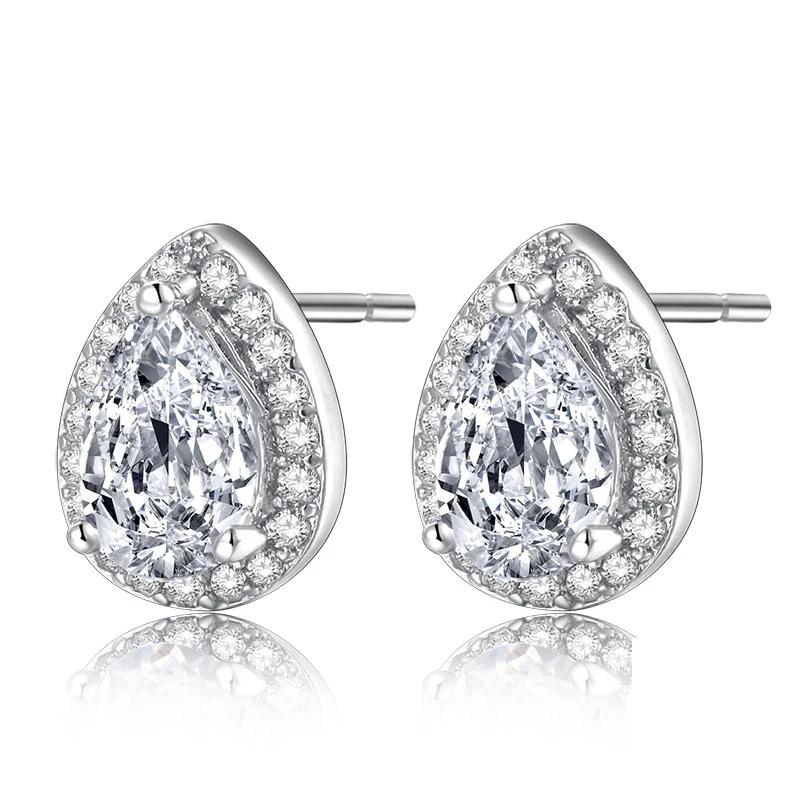 Hot Selling Delicate  Sterling Silver Dazzling Water-drop Clear CZ Small Stud Earrings Women Wedding  Brincos