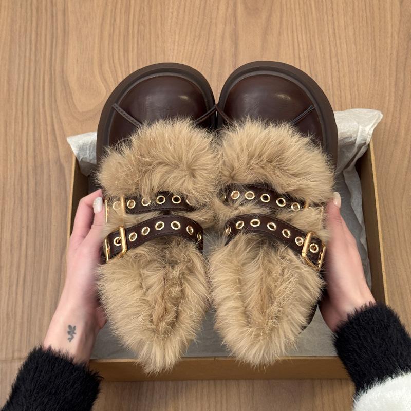 Women's Fur One Thick Bottom Heightening Winter Lightweight Warm Snow Boots Non-slip Wear-resistant Casual Sports Mary Jane Cotton Shoes