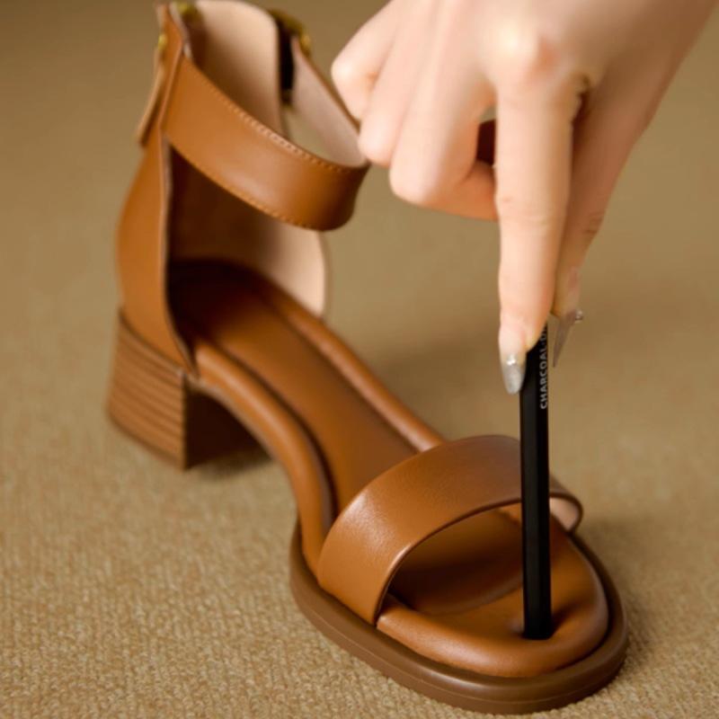 Sandals women's thick heel back zipper retro British style summer new one-word strap sandals middle heel stepping on shit Roman shoes