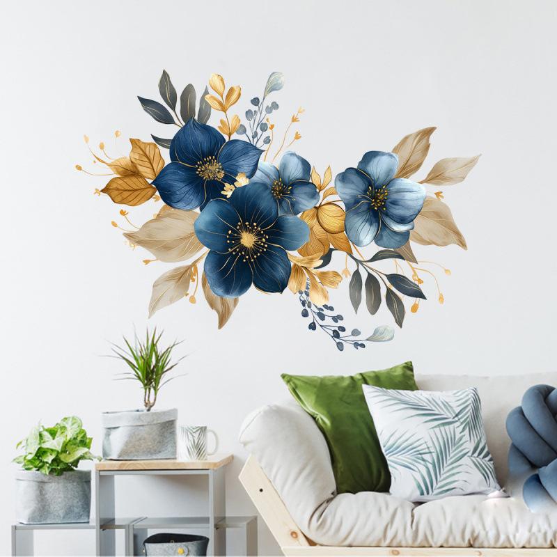 Creative Blue Flower Wall Stickers Self Adhesive Peel and Stick Decor for Living Room Bedroom Hallway Home Interior Decoration