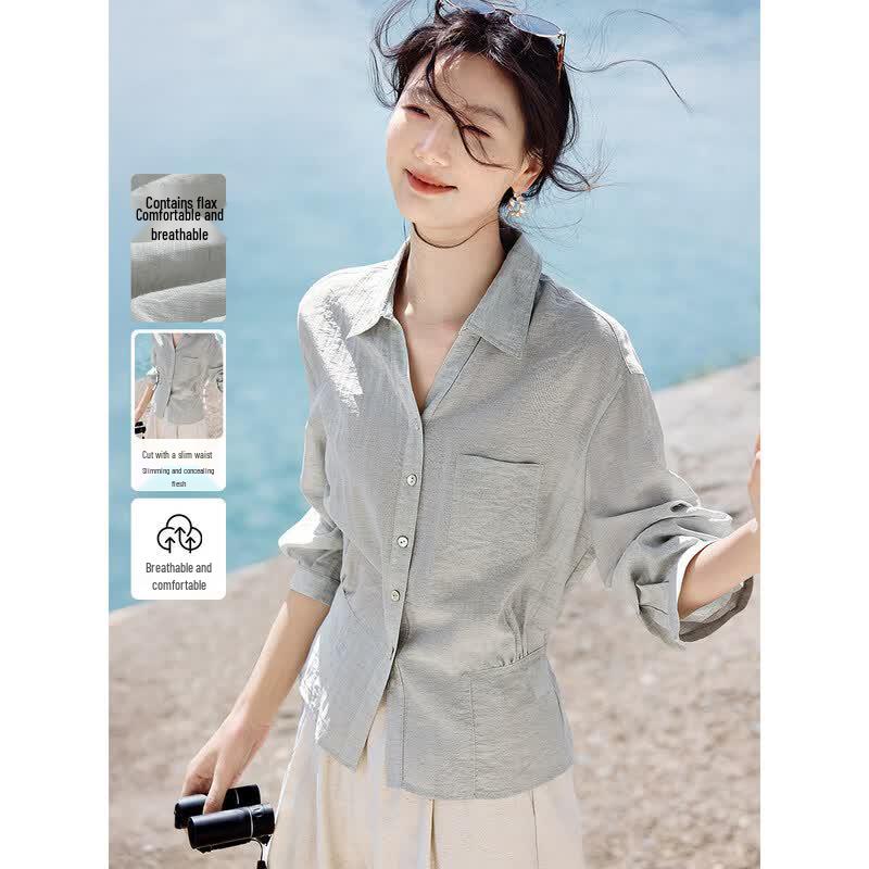 XWI Women s Linen Blend V-Neck Seven-Sleeve Commuter Shirt L