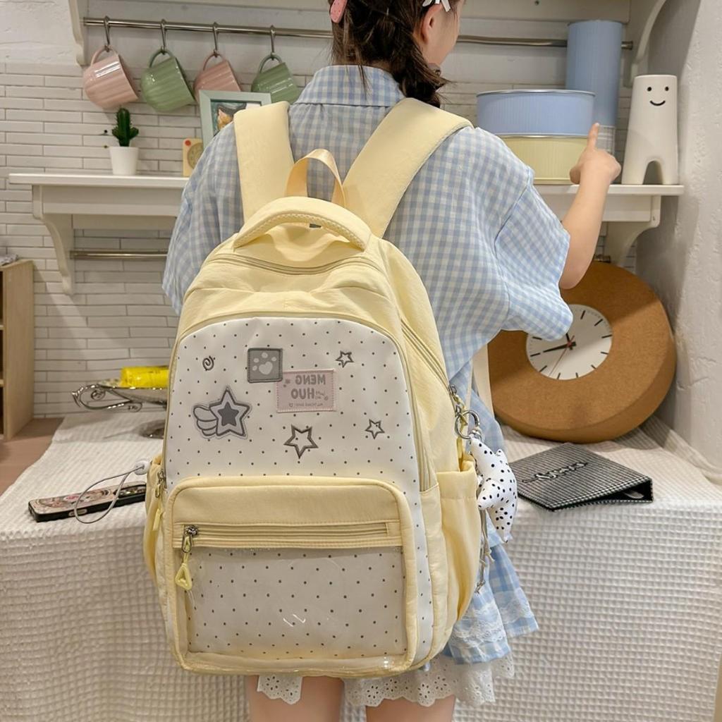 Schoolbag peach powder spell white stars embroidery soft girl schoolbag two-dimensional DIY transparent window design atmosphere sweet backpack