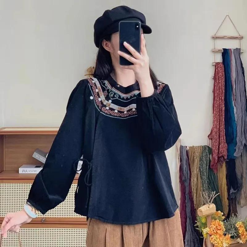 

Повседневная рубашка в этническом стиле женская весенне-осенняя с ретро вышивкой, свободная, из хлопка и льна, со шнуровкой XXXL темно-синий