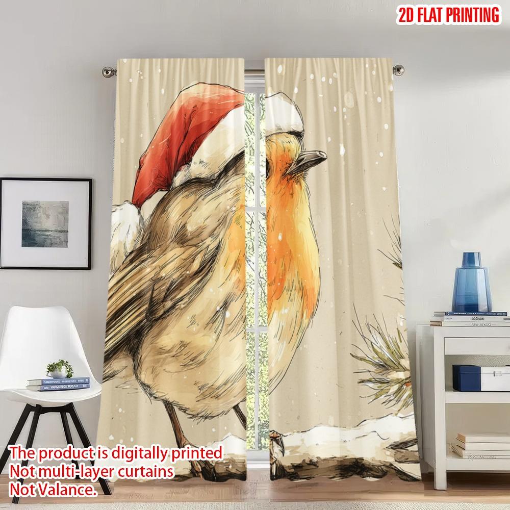 

2pcs 2D flat printing Popular Christmas curtains Christmas Robin Bird Snow Digital Printed Polyester Drapes Family Party Perfect 100*130 HOOK 1pcs
