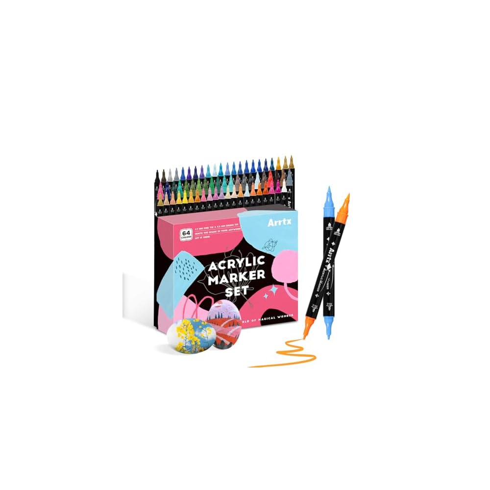 Arrtx 64-Color Acrylic Markers, Water-Based, Fine Tip, Double Tip