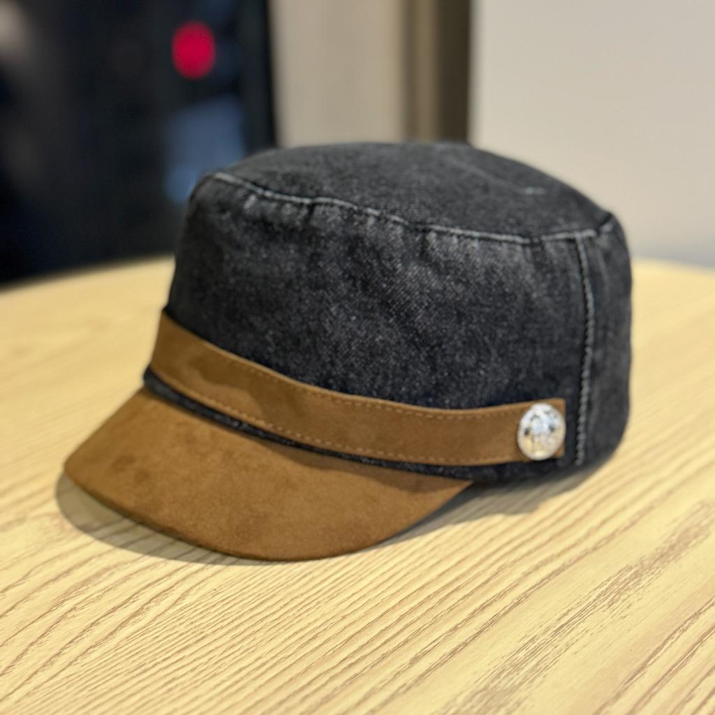 Korean-style color-blocked suede flat-top cowboy hat for women, spring/summer retro octagonal hat that makes the face look smaller, casual