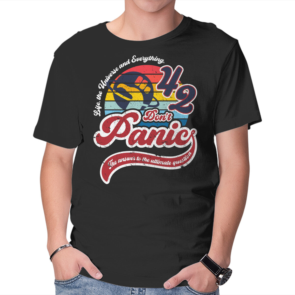 Unisex Crew Neck T-Shirt Don t Panic 42 Graphic Short Sleeve Casual Tee M