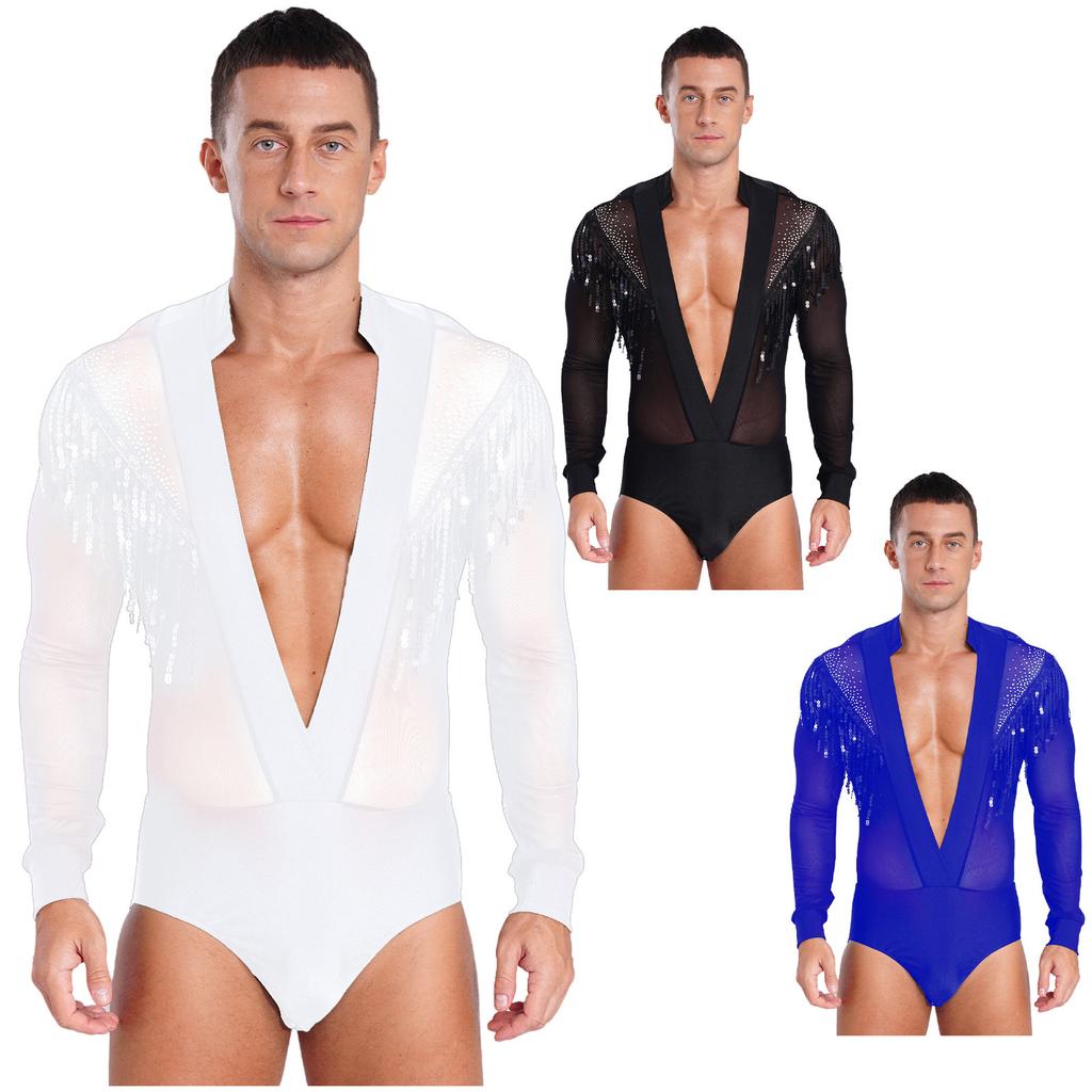 Mens Salsa Dance Leotard Deep V Neckline Sheer Mesh Inserts Sequined Tassel Details Rhinestone Bodysuit