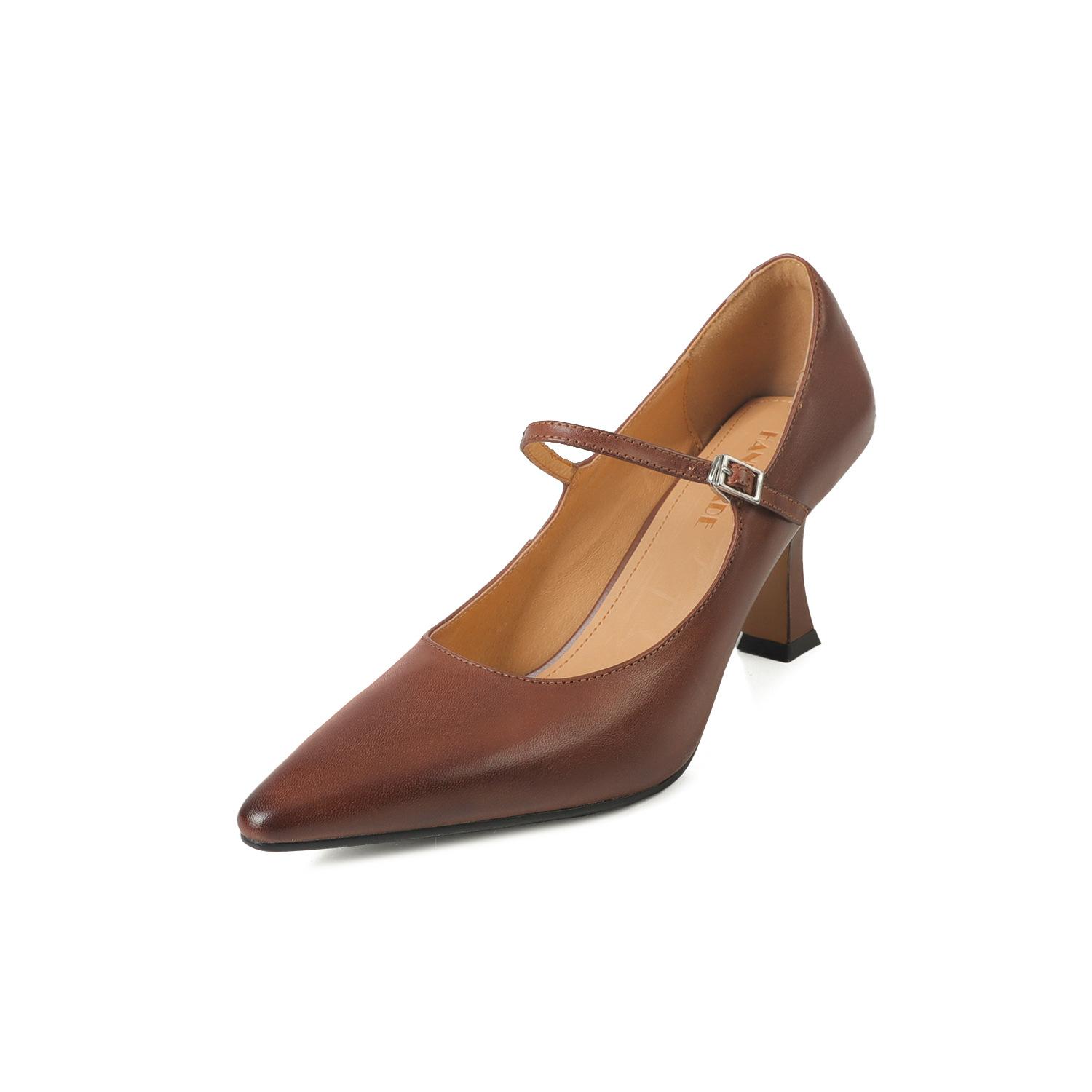 

Туфли на высоком каблуке 7,5 см, модные в корейском стиле, с острым носком, с неглубоким вырезом, одинарные туфли с одинарной пряжкой, женские, из внутренней и внешней кожи, Mar 40 customization can be returned or exchanged коричневый