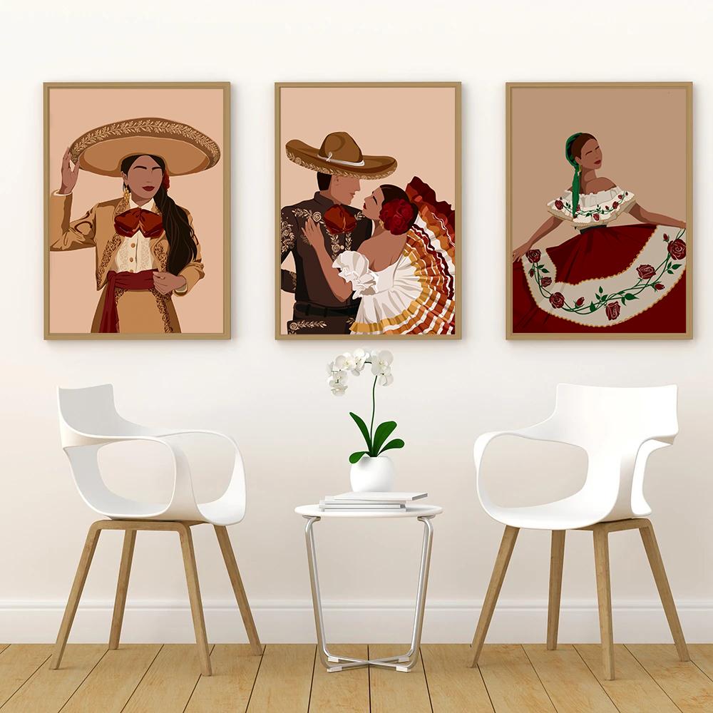 Abstraktní mexická lidová taneční hudba Etnická dívka Červená sukně Kreslený plakát Malba na plátně Retro nástěnné umění Obrázek Domácí barová dekorace