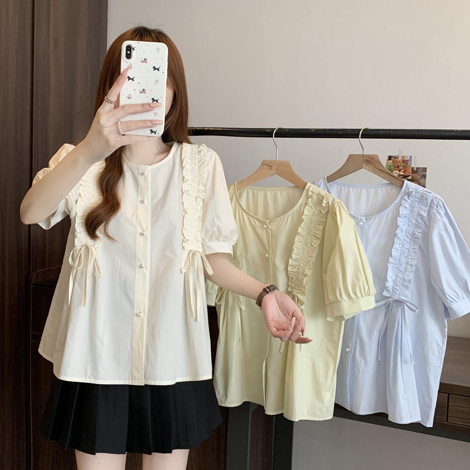 2026 Summer Plus Size Women s Ruffle Lace Puff Sleeve Korean Style Short Sleeve Top XL синий