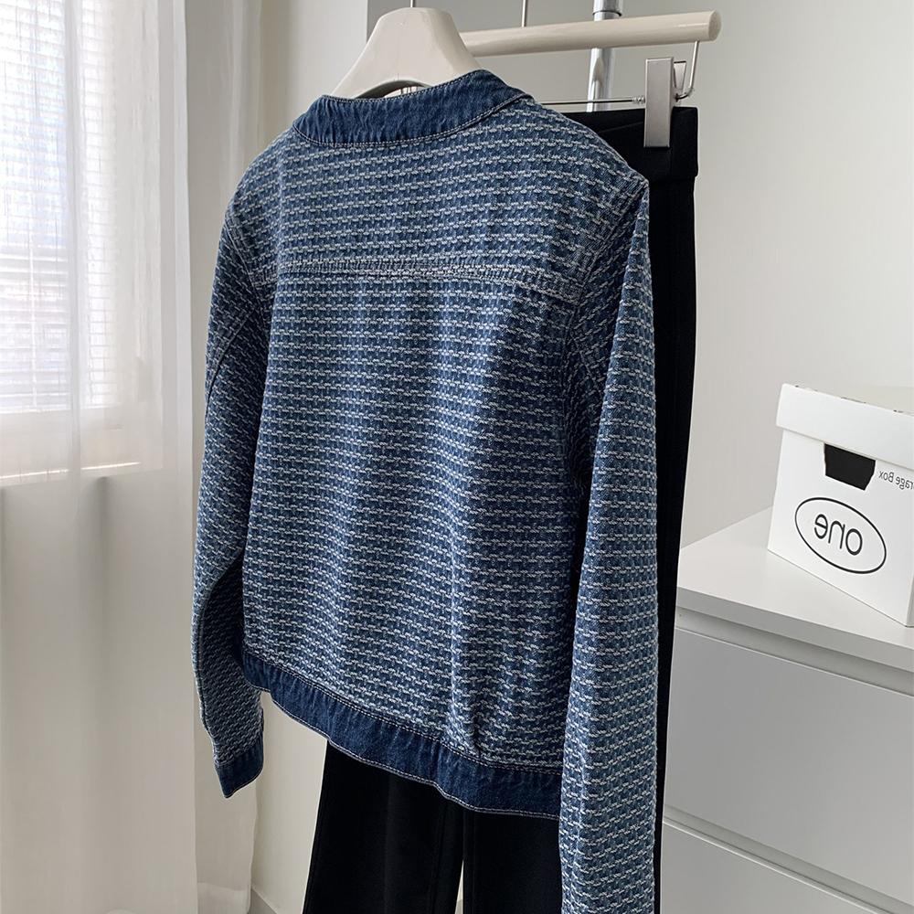 Jachete din Denim cu Gât Rotund și Nasturi Unul Peste Altul pentru Femei Primăvară Albastru Alb Tweed Denim Paltoane Design cu Nasturi Îmbrăcăminte Exterioară Casual