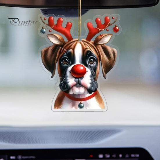 Ciondolo per auto a forma di cane con fiore in acrilico, 8 cm, facile da appendere, con corda, doppia faccia, visuali digitali 2D, decorazione da appendere per una visione realistica dell'albero di Natale dell'auto.