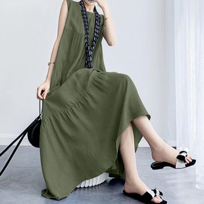 2024 Summer Literary Women's Cotton Linen Casual Round Neck Swing Dress