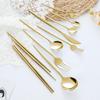 Gold-Plated Portuguese-Japanese Stainless Steel Cutlery Set: Knife, Fork, Dessert Spoon, Chopsticks, Ice Cream Spoon, Fruit Fork