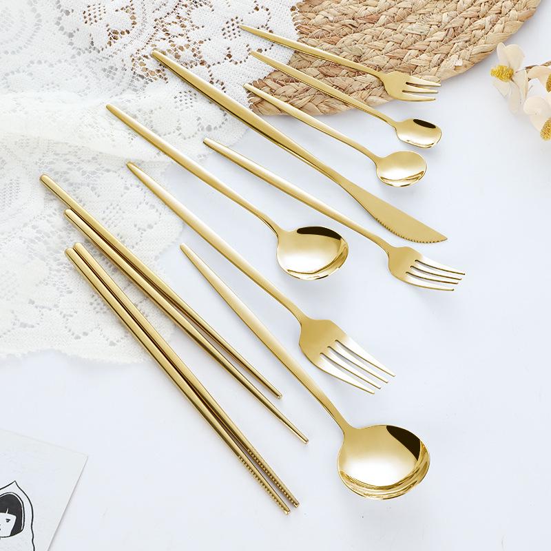 Gold-Plated Portuguese-Japanese Stainless Steel Cutlery Set: Knife, Fork, Dessert Spoon, Chopsticks, Ice Cream Spoon, Fruit Fork