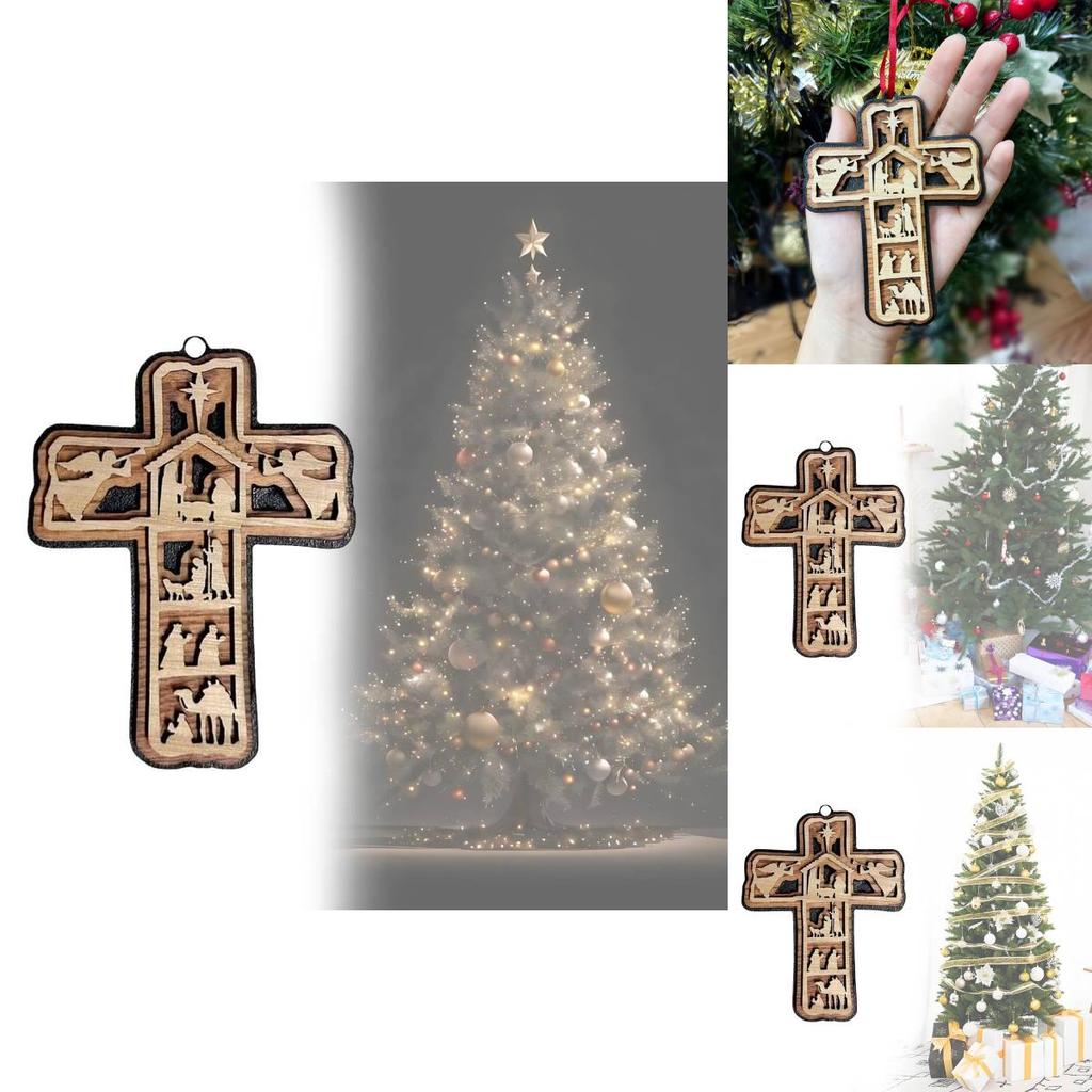 Multi-layer Wooden Cross Christmas Ornament Decorative Hanging Piece For Parties