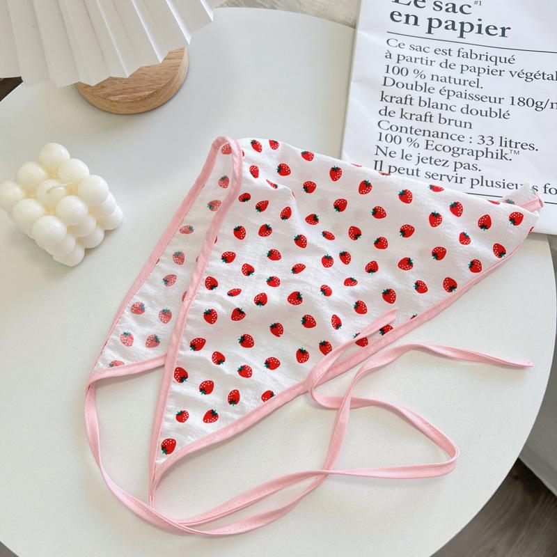 Floral Double-Layer Triangle Scarf Cotton Thin Strawberry Flower Print Hair Scarf Korean Sweet Fresh Literary Turban Accessories