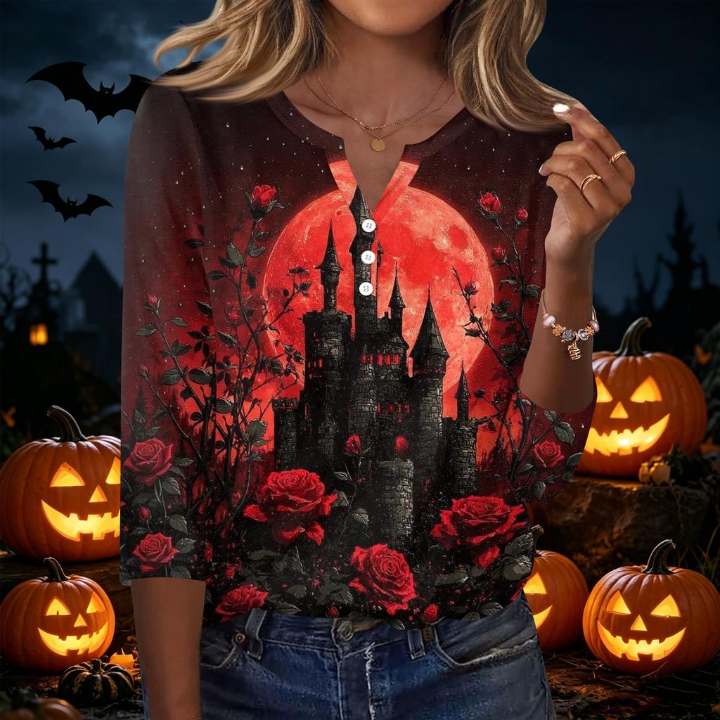 Women's Casual Halloween Print V Neck Button Front Three Quarter Sleeve T Shirt Top with Spooky Haunted House Design for Fall