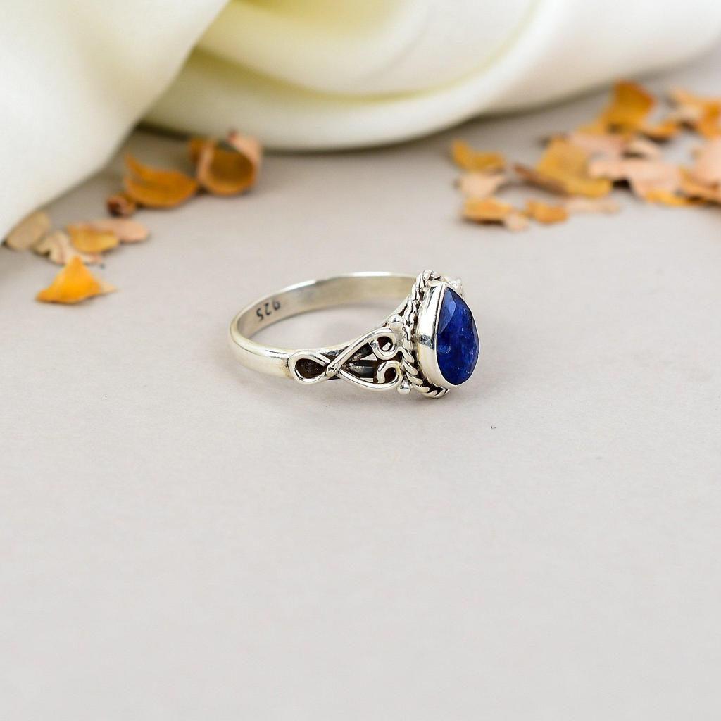 925 Sterling Silver Sapphire Gemstone Pear Shape Ring For Women