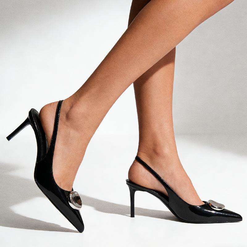 Fashion Metal Decoration Slingback Heels Women Sexy Black Pointed Toe Back Strap Stiletto Sandals Luxury Banquet Designer Shoes