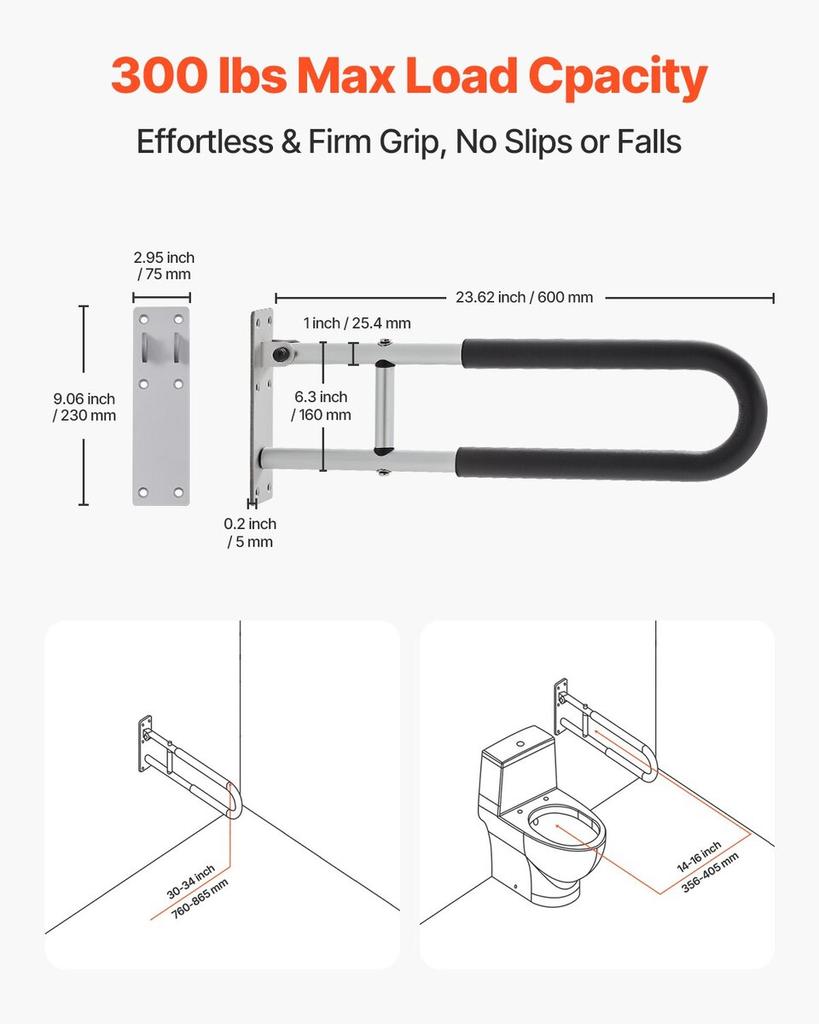 Folding Toilet Safety Rail 23.8 In 300 Lbs Load Capacity Handicap Grab Bar