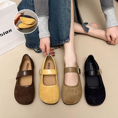 Shallow Suede Single Shoes Women's 2025 Summer New Retro Lazy Beanie Shoes Velcro Flat Pregnant Women Mary Jane Shoes
