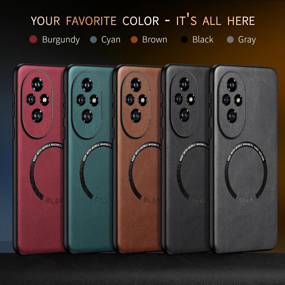OLGE Luxury Texture Classic Leather Case for Huawei Honor 200 Support Car Mount Magnetic Stand Wireless Charging Protective Case