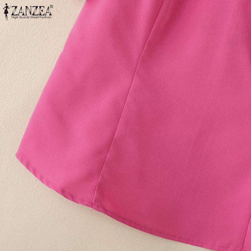 ZANZEA Damen Casual O-Ausschnitt Kurzarm Bluse mit Reißverschluss hinten