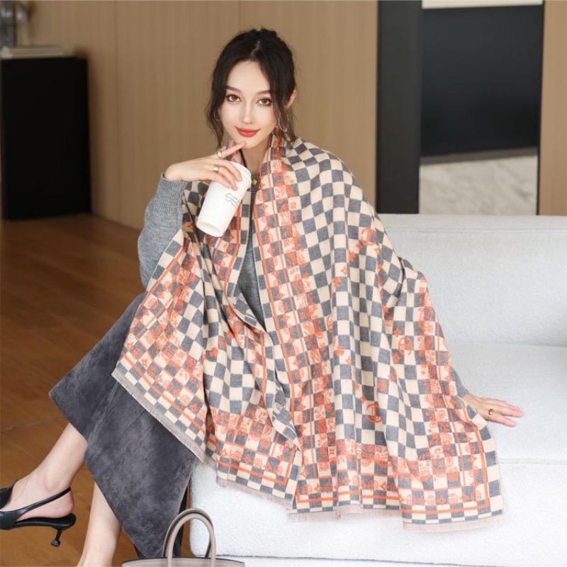 Autumn and Winter New Checkerboard Jacquard Scarf High-end Imitation Cashmere Versatile Shawl Women's Thickened Warm Scarf Dual-purpose