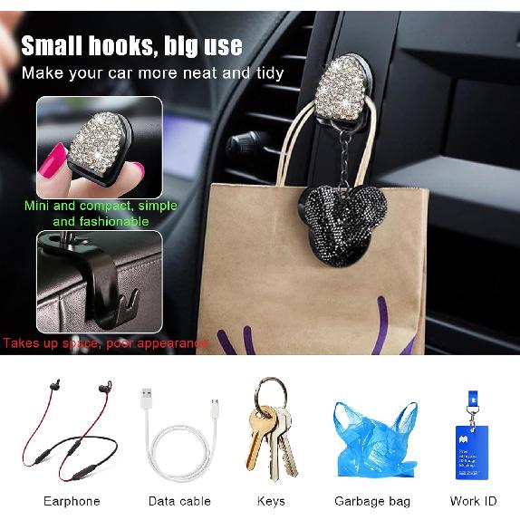 4PCS Bling Car Mini Hooks, Multifunctional Adhesive Small Auto Storage Hook for Key Cable Mask, Crystal Rhinestone Dashboard Hanging Hook, Interior