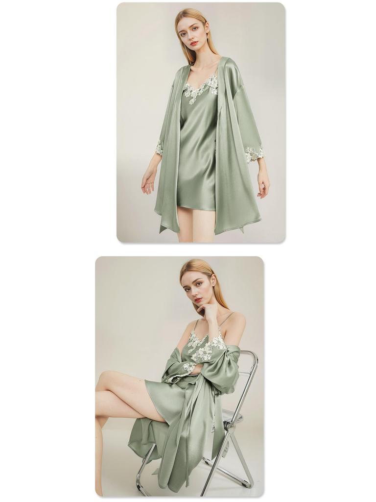 Cross 19 Momme Heavy Silk Women's Nightgown & Robe - 100% Mulberry Silk for Spring & Autumn