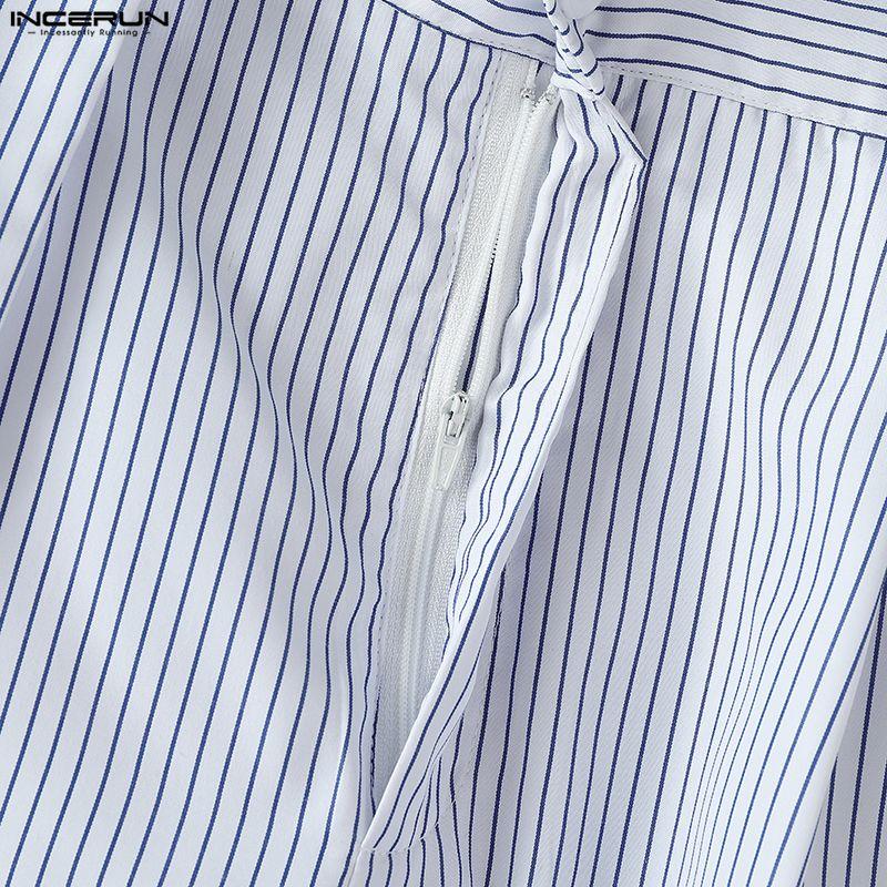 INCERUN Herren Outfits Stehkragen Gestreifte Langarm Crop Tops Reißverschluss High Waist Lange Hosen Sets