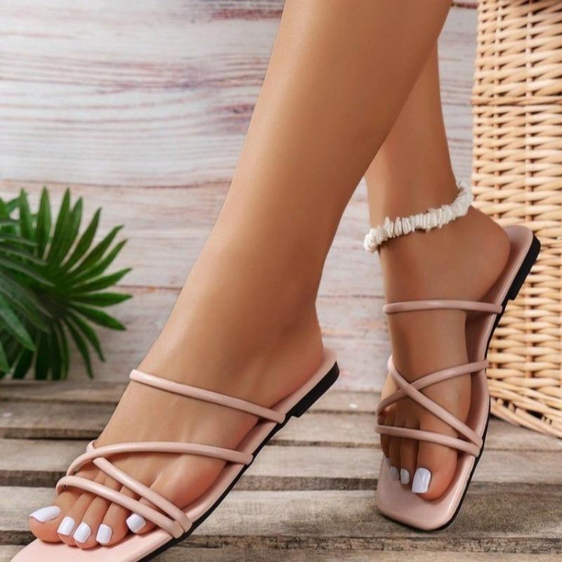 Fashion Plus Size 2025 Summer New Women’s Open Toe Slippers Outdoor Low Heel Narrow Band Sandals for Versatile Daily Casual Slippers