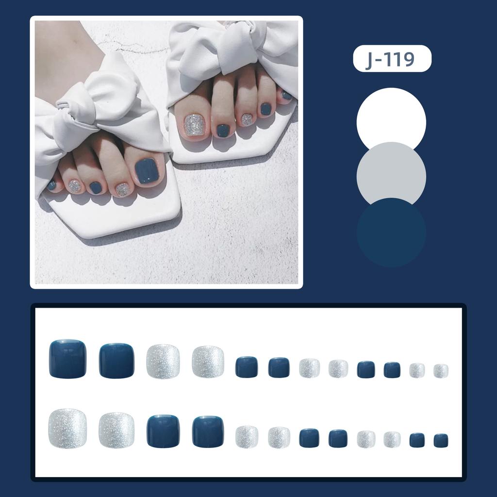 24Pcs Glossy Lake Blue Press On Toenails Full Coverage Artificial Acrylic Fake Toe Nails Removable Wearable Nail Art