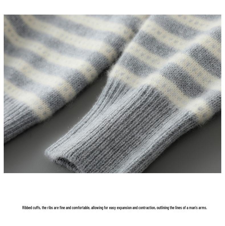Men's 100% Pure Wool Striped Round Neck Sweater - Casual Cashmere Knitwear