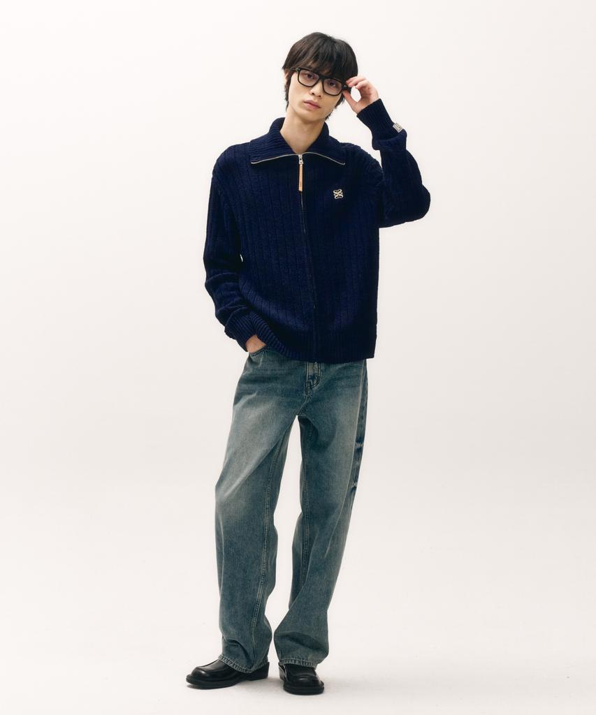 Satur Faro Boucle Knit Zip-Up Navy