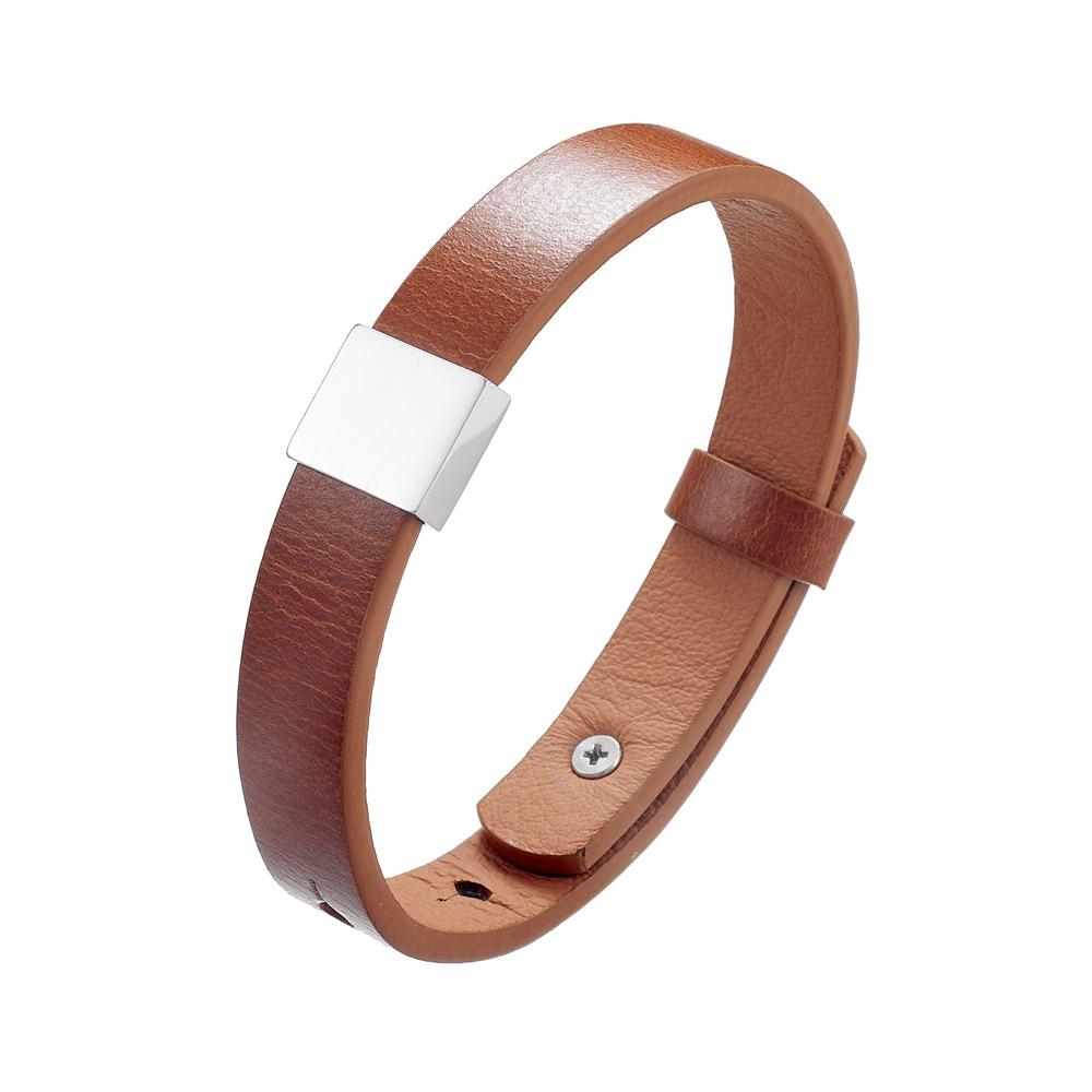 Men'S And Women'S Genuine Leather Bracelet, Simple Stainless Steel Smooth Surface Lettering Cowhide Bracelet Diy Leather Bracelet