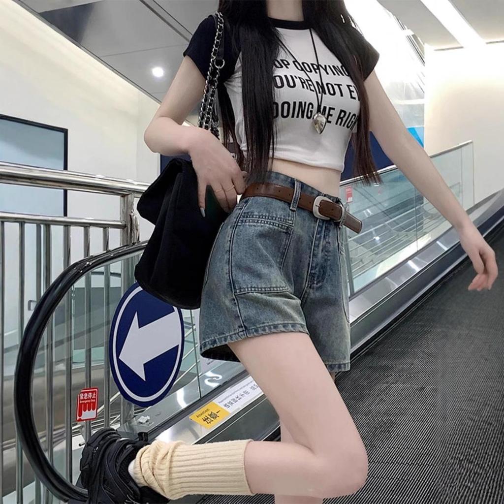 Pantaloni scurți de blugi de damă, vară 2023, la modă, retro, linie A, cu picior lat, cu talie înaltă