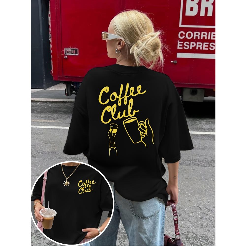 Women's Vintage Coffee Club Sleeve Round Neck Blouse Compatible with Coffee Bean Print Suitable for Daily Wear