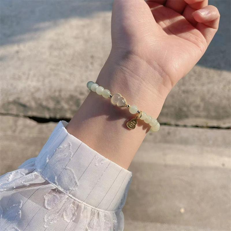 Recommended Natural Hetian Jade Bead Bracelet for Women, Fortune and Prosperity Gold-inlaid Jade Gourd, Ancient Style Jadeite Bracelet