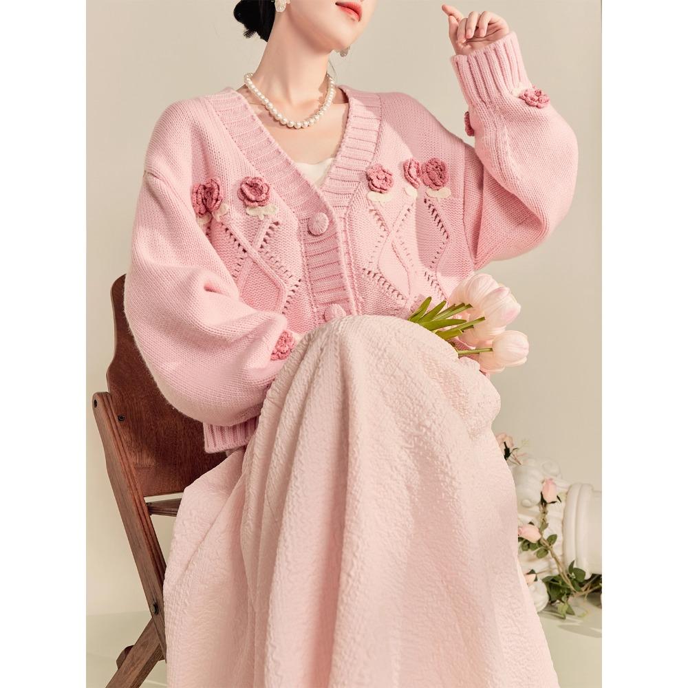 Winter Autumn Women Solid Buttons Sweaters Jacket Knitting Style Loose Pink Cardigan Sweater