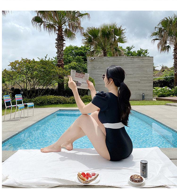 Korean Sexy Deep V Push-Up Short Sleeve One-Piece Swimsuit for Women, Tummy Concealing & Slimming Design